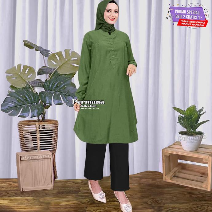 Gambar Baju Atasan Tunik Hijau Wanita Kemeja Lengan Panjang Jumbo Dewasa - Army Muda, L dari ARM Storeid undefined Tokopedia