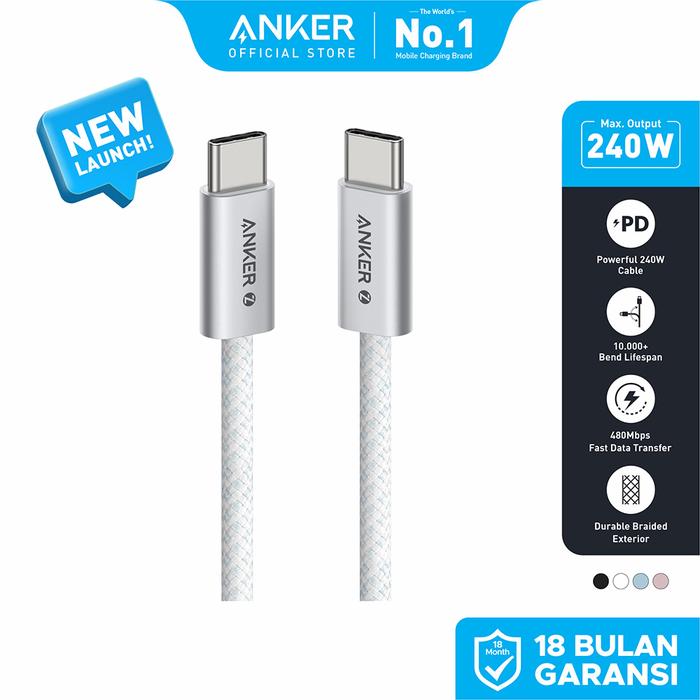 Gambar Anker Zolo USB C to USB C Cable, Braided and Dirt-Free Type C Fast Charging Cable, Slim Connector, for iPhone 15 Series, Samsung 240W - A8060 - Putih dari Anker Surabaya undefined Tokopedia