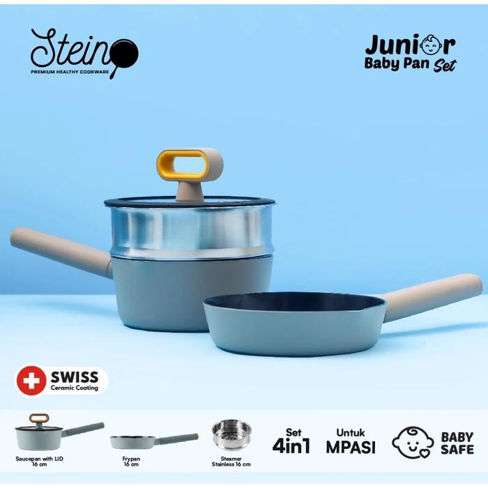 Gambar Steincoowkare Stein Junior Baby Pan Set Panci MPASI Frypan Saucepan Steamer 4in1 - Ceramic Cooking - Blue dari Take Me Out undefined Tokopedia