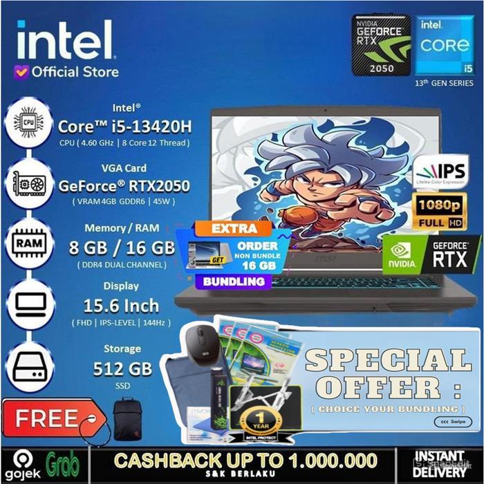 Gambar MSI Thin 15 B13UCX - RTX2050 I5 13420H 8GB 512GB 15.6" FHD 144HZ BLIT - Non Bundle, 8 GB dari INTEL STORE ID undefined Tokopedia