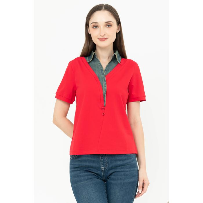 Gambar *Ready Stok* ELLAMOSS - Atasan Denim Kombi Kaos 7453 (ZEZ) - Merah, M dari Sisters Fashion Group undefined Tokopedia