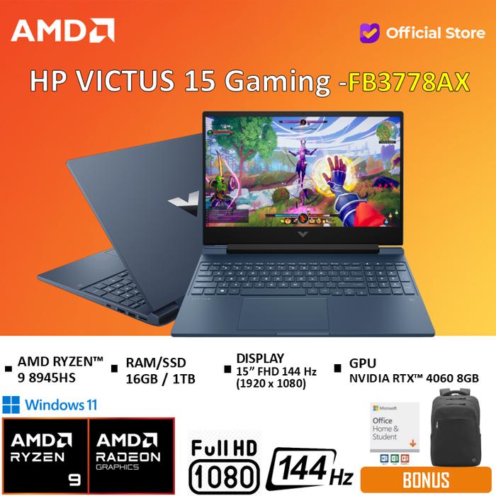 Gambar HP Victus 15 Ryzen 9 8945HS RTX4060 8GB 16GB 1TB W11+OHS+O365 15" FHD 144HZ -FB3777AX / FB3778AX - Blue 16GB/1TB, +Bundle Extra dari AMD Official Store undefined Tokopedia
