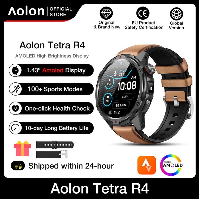 Gambar 【COD】Aolon Tetra R4 Smartwatch Amoled AOD Cover Lock Compass Bluetooth Call Smart Watch 1.46inch Display Heart Rate Blood Oxygen Sleep Monitoring Flashlight Jam tangan pintar olahraga luar ruangan jam tangan smartwatch jam tangan pria Ponsel - Leather watch dari Aolon undefined Tokopedia