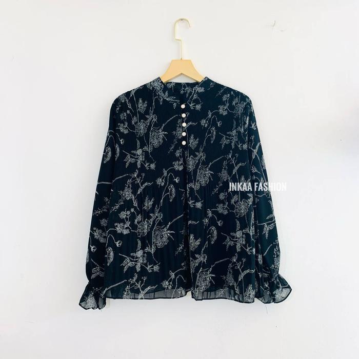Gambar Blouse Rachael Motif Etnik Premium Bahan Ceruty Pakai Furing Lengan Panjang Korean Style - Hitam dari Inkaa fashion undefined Tokopedia