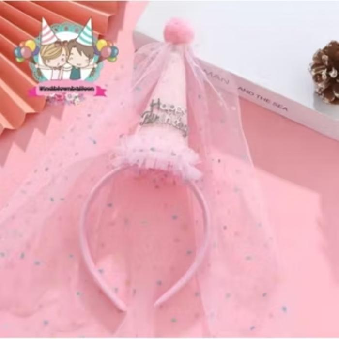 Gambar Windblown Headband Cone Happy Birthday Princess Fairytale/Bando Kerucut Pom Ulang Tahun Anak Cewe - Pink dari Windblown Balloon undefined Tokopedia