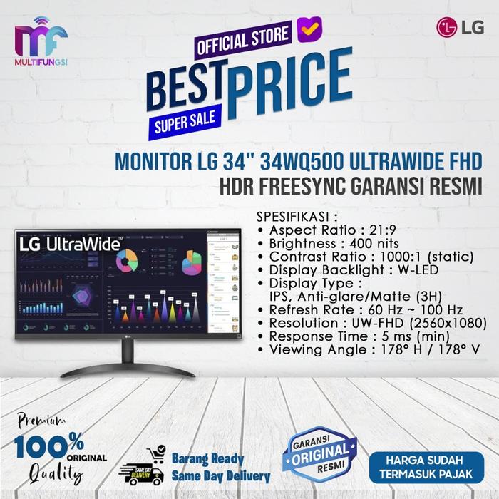 Gambar Monitor LG 34" 34WQ500 UltraWide FHD HDR FreeSync Garansi Resmi - 34WQ500, TANPA KAYU dari Multifungsi Online undefined Tokopedia