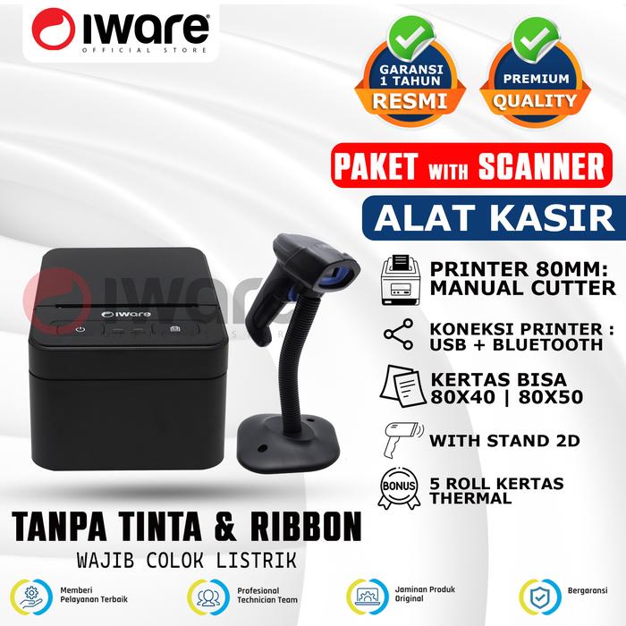 Gambar Iware Paket Printer Thermal Kasir 80mm Rj11 with Bacrode Scanner 1D 2D - MANUAL+STAND dari Iware.id undefined Tokopedia