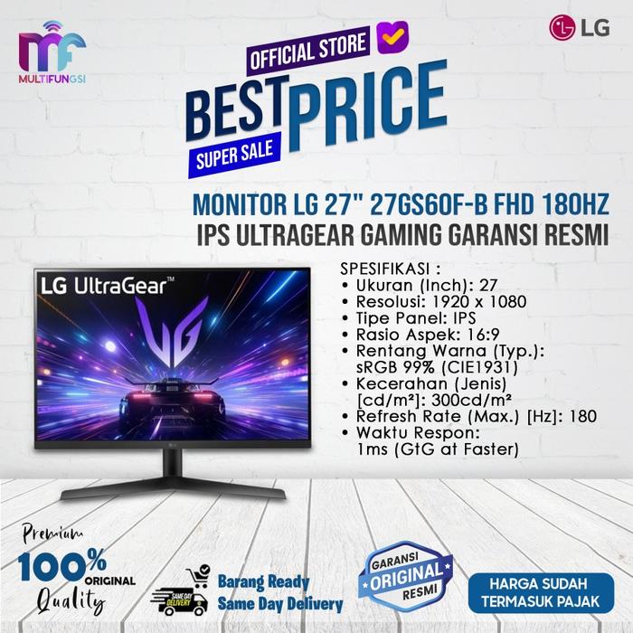 Gambar Monitor LG 27" 27GS60F-B FHD 180Hz IPS Ultragear Gaming Garansi Resmi - 27GS60F, TANPA KAYU dari Multifungsi Online undefined Tokopedia