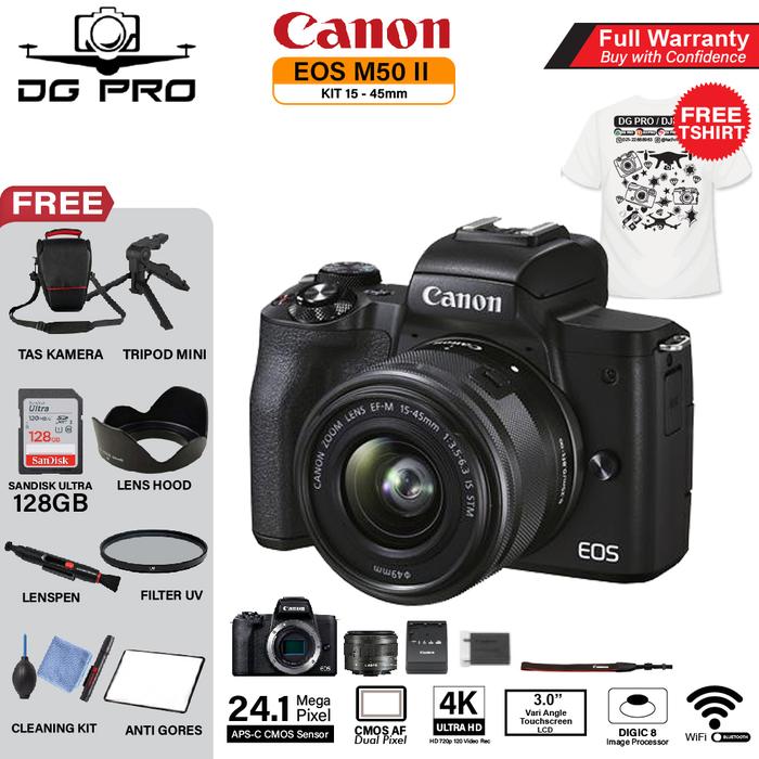 Canon EOS M50 II Mirrorless Camera with Lens 15-45mm RESMI DATASCRIP BO  DISTRI BLACK, PAKET 32GB di Dg Pro Kamera Tokopedia