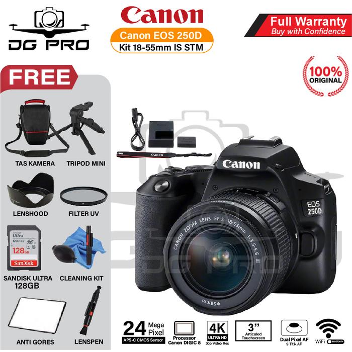 Gambar Canon EOS 250D Kit 18-55mm - Kamera DSLR Canon ORIGINAL - KIT IS STM, PAKET STANDARD dari DG PRO KAMERA undefined Tokopedia
