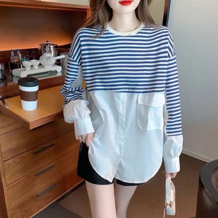 Gambar VIOR Blouse Atasan Wanita Big Size Premium Jumbo Kemeja Kerja - GARIS BIRU, S dari VAW-Shop undefined Tokopedia