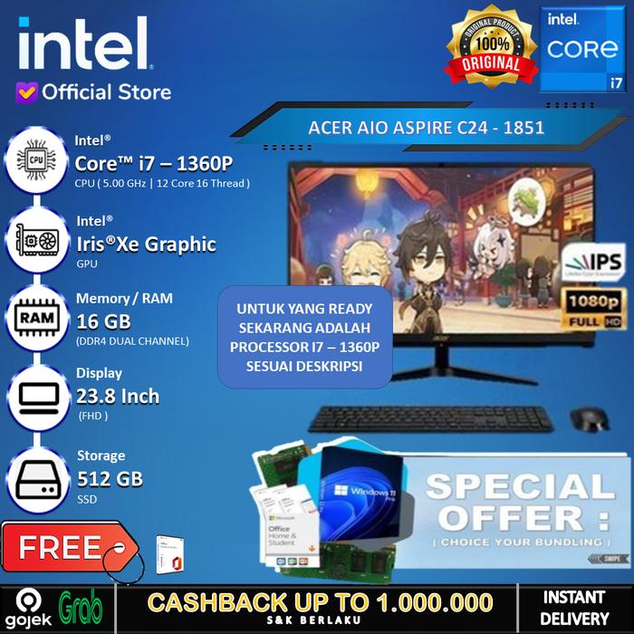 Gambar Acer Aspire AIO ( All In One ) PC C24 - I7 1260P 8G 512G 23.8" FHD IPS - 8 GB dari INTEL STORE ID undefined Tokopedia