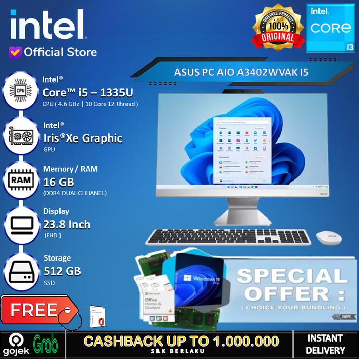 Gambar Asus AIO PC A3402WVAK - I5 1335U 16GB 512GB 23.8" FHD WIN 11 - Windows 11 HOME dari INTEL STORE ID undefined Tokopedia