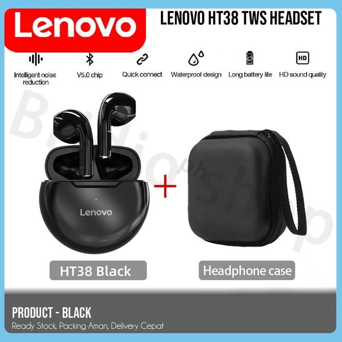 Gambar Earphone Wireless TWS Lenovo HT38 Bluetooth 5.0 Headset Earbuds Bass With Microphone That Supports Making Phone Calls - Ht38-Hitam+Tas dari VELOTE STAR SHOP undefined Tokopedia