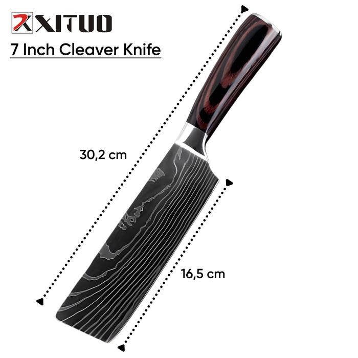 Gambar XITUO Pisau Dapur Stainless Steel Pemotong Daging Sayur Buah Motif Damascus Pattern Kitchenware Gagang Kayu - 7"Cleaver Knife dari TimeMachineIndonesia undefined Tokopedia
