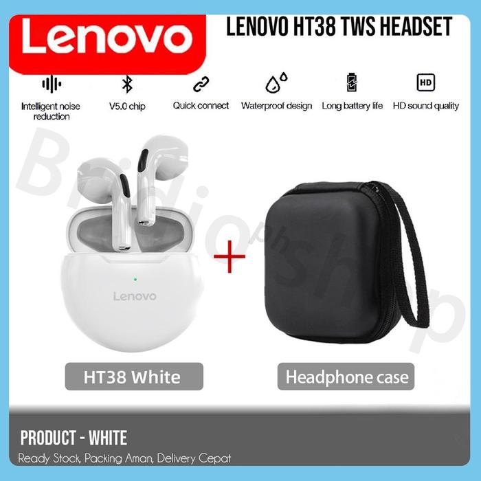 Gambar Earphone Wireless TWS Lenovo HT38 Bluetooth 5.0 Headset Earbuds Bass With Microphone That Supports Making Phone Calls - Ht38-Putih+Tas dari Lucky Online Shopz undefined Tokopedia