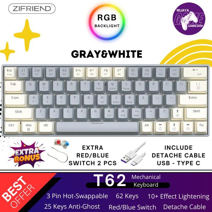 Gambar READY !!! ZIFRIEND T62 Mechanical Keyboard 63Keys 60% Layout Blue Red Switch RGB Backlit Hotswap Compact and Portable Keyboard - Grey-RedSwitch dari CV DAYA ELEKTRO undefined Tokopedia