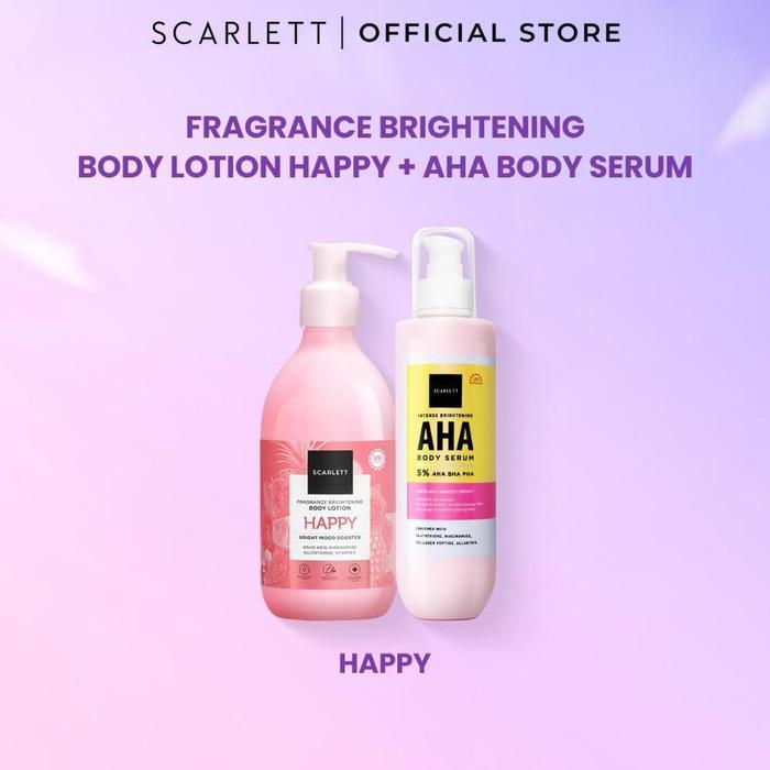 Gambar SCARLETT WHITENING BUNDLE NEW! FRAGRANCE BRIGHTENING BODY LOTION BRIGHT MOOD BOOSTER + INTENSE BRIGHTENING AHA BODY SERUM 5% AHA BHA PHA - BL Happy + AHA dari Farradisa_id undefined Tokopedia