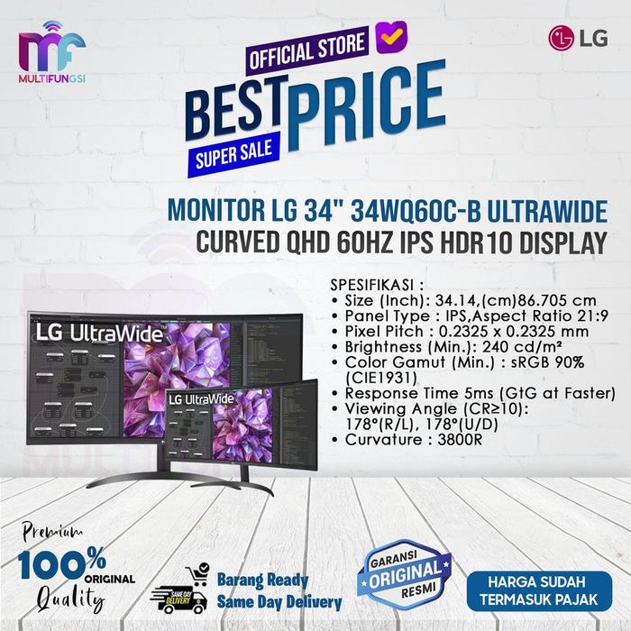 Gambar Monitor LG 34" 34WQ60C-B Ultrawide Curved QHD 60Hz IPS HDR10 Gaming - 34WQ60C, TANPA KAYU dari Multifungsi ID undefined Tokopedia