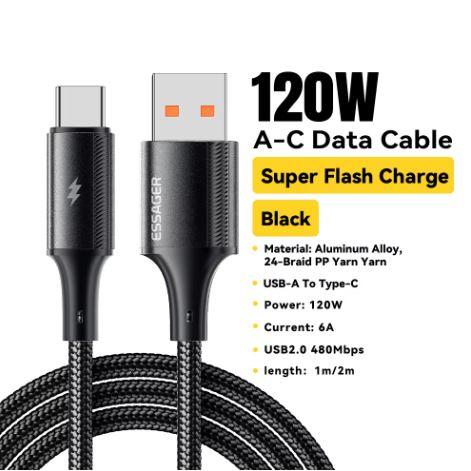 Gambar Essager Kabel Charger Data USB to Type C Cable Charger For Android 6A Turbo Fast Charging 120W - Hitam, 1M dari Essager Official Shop undefined Tokopedia
