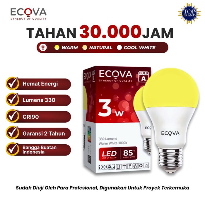 Gambar Ecova - Lampu A Bulb LED | Lampu Bohlam | Cool Daylight 6500K Putih | Natural White 4000K Natural | Warm White 3000K Kuning | 3W - Warm White dari ECOVA LED undefined Tokopedia