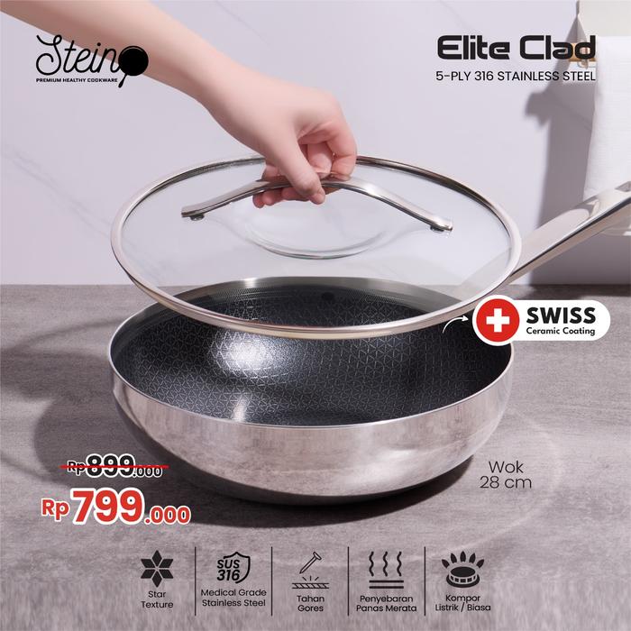 Gambar Steincookware STEIN Elite Clad Wok 28cm Wok 28 cm SUS 316 - Wajan Stainless Steel 28cm - Non-Stick 28cm dari QQ Kitchen Helper undefined Tokopedia