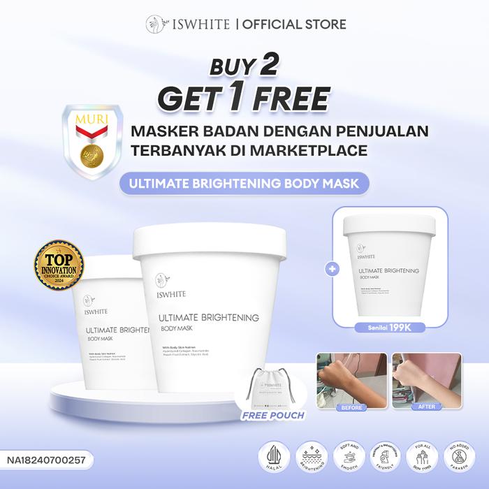 Gambar [ BUY 2 GET 1 FREE ]  ISWHITE Ultimate Brightening Body Mask 200gr - Whitening Expert Body Serum 7% Niacinamide 200ml  -  Body Lotion Whitening dan  Masker Badan Pencerah  Pemutih Tubuh  Handbody Whitening Lotion Whitening HALAL BPOM - 3 BODY MASK dari Iswhite Shop undefined Tokopedia
