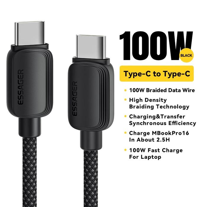 Gambar ESSAGER 100W 5A Kabel Data Charger USB C to Type C Fast Charging For Samsung S22 S21 Huawei Mate 50 - Black , 1M dari Essager Official Shop undefined Tokopedia