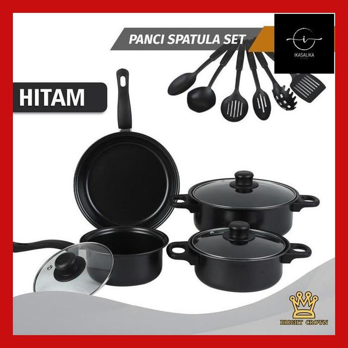 Gambar IKASAL~ KB BY BRIGHT CROWN COOKWARE 13IN1 PANCI SET STAINLESS 7PCS TUTUP KACA SPATULA ISI 6PCS MULTIFUNGSI - Set13in1-Hitam dari IkaSalika_Nana undefined Tokopedia