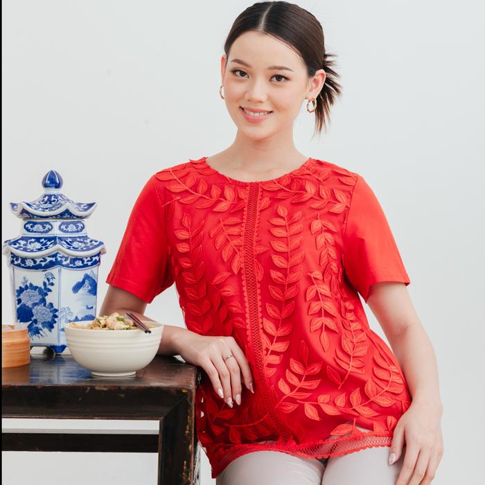 Gambar *Ready Stok* SISTER'S - Atasan Brukat Kombi Kaos Y8568 (ZE) - Merah, M dari Sisters Fashion Group undefined Tokopedia