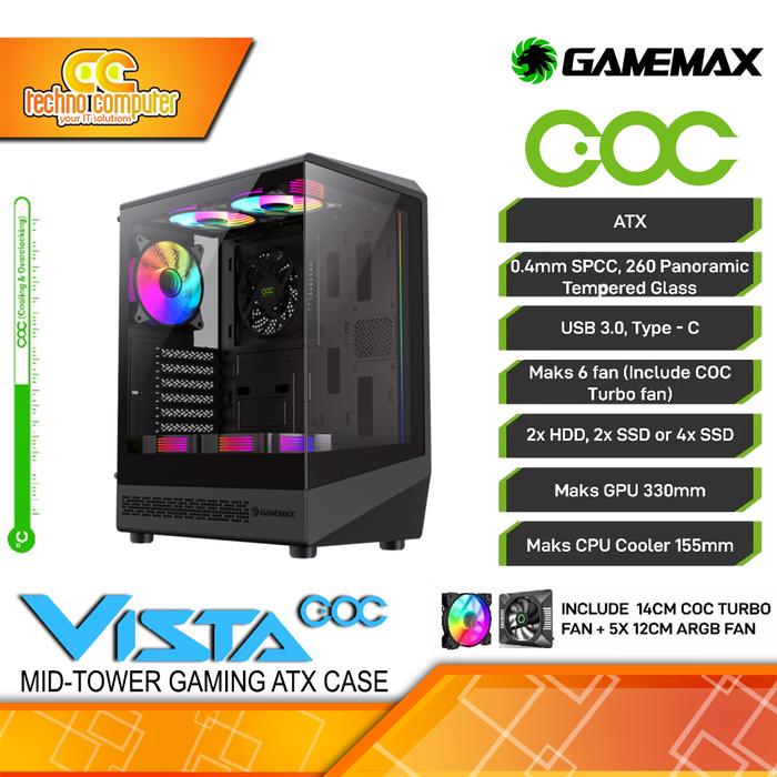Gambar CASING GAMEMAX VISTA COC ATX - Mid Tower ATX Case Tempered Glass (Free 5x ARGB Fan) - Hitam dari Techno Computer Bali undefined Tokopedia
