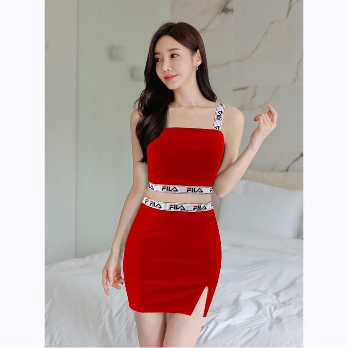 Gambar HC2434 Setelan mini cotton stretch + cup bra , strip fila - Merah dari BIDI Fashion undefined Tokopedia