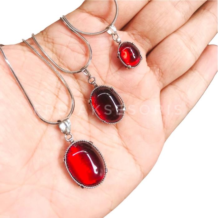 Gambar Kalung Liontin Batu Merah Delima Bulat Pria Wanita - Sedang, 60 cm dari FRD Aksesoris undefined Tokopedia