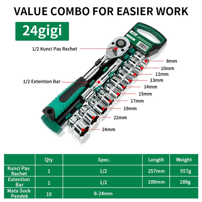 Gambar ISKU Kunci Sok Set 12pcs  CR-V kunci pas ratchet 1/2 Handle 12pc 24 GIGI / 72 GIGI - 12pcs/24gigi dari Toolsme Store undefined Tokopedia