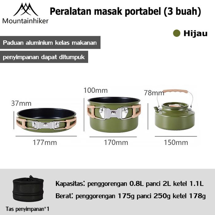 Gambar Mountainhiker 3pcs / 4pcs / Set Khaki Paduan aluminium kelas makanan Alat Masak Set Camping Mini Kemah Rekreasi Paket Cooking Set Kemping Praktis Portable Outdoor - 3 PCS-Hijau dari 1mountainhiker undefined Tokopedia