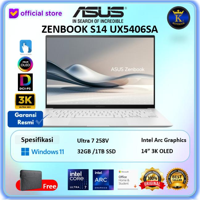 Gambar Laptop Asus ZenBook S14 UX5406SA Touch Ultra 7 258V 32GB 1TB SSD 14"3K OLED - NON BUNDLING, SILVER  dari Kingz Notebook undefined Tokopedia