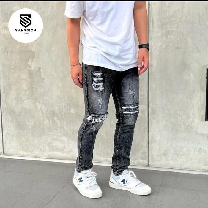 Celana jeans pria ripped sobek lutut terbaru model slim fit Premium  RIPPED 06, S=27/28