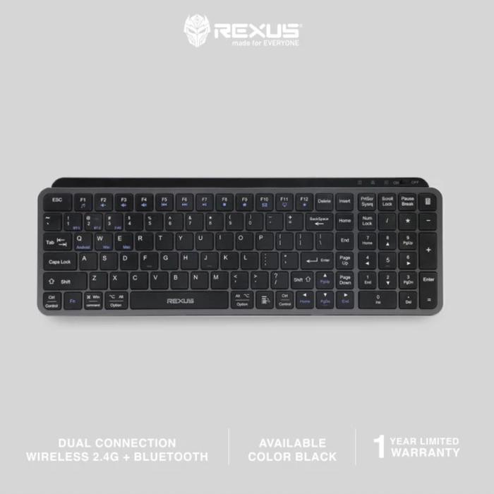 Gambar Rexus KL100 Wireless Keyboard Dual Connection Bluetooth dan Wireless 2.4 GHz , slim design , rechargeable battery, support Windows, iOS , android , tablet Hitam Aluminium - Hitam dari Click & Go Tokopedia undefined Tokopedia