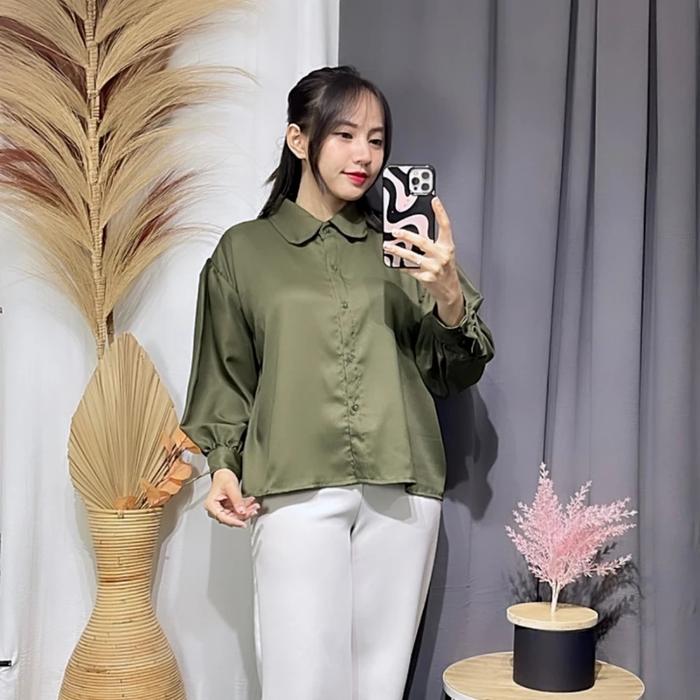 Gambar Baju Blouse Wanita Kekinian Atasan Lengan Panjang Elze Ootd Fashion Premium - Tosca dari RANStore ID undefined 4 Tokopedia