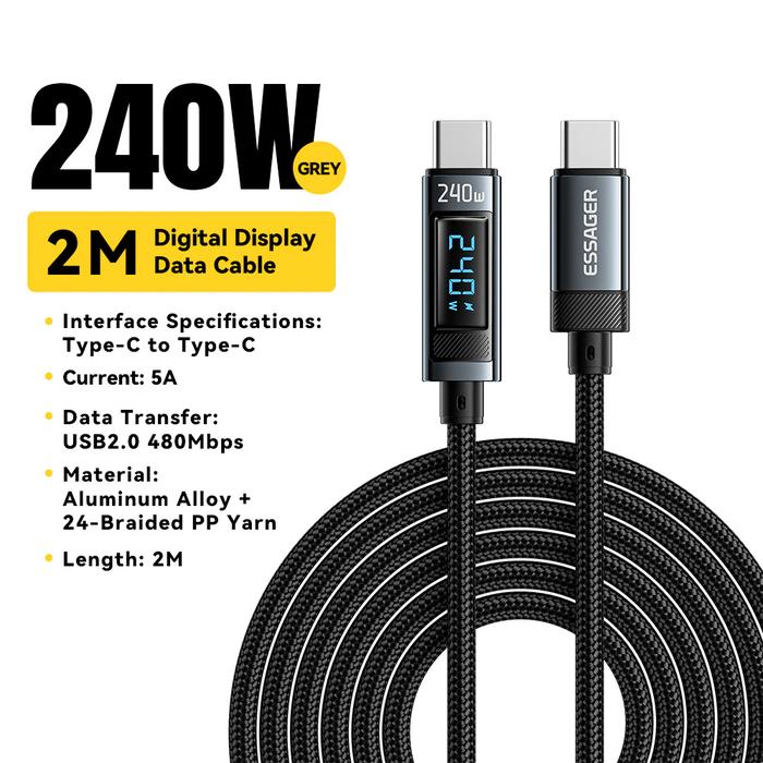 Gambar Essager Kabel Charger USB C to Type C Digital Display Super Fast Charging 240W For iPhone 15 Huawei - 2 METER dari Essager Official Shop undefined Tokopedia