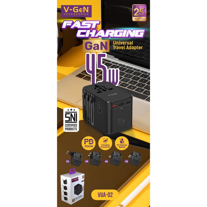 Gambar Travel Adapter Universal V-GeN VUA-02 GaN 45Watt SNI Certified Super Fast Charging EU, UK, AU, US (2 USB A, 3 Type C) dari V-GeN Indonesia Official Store undefined Tokopedia