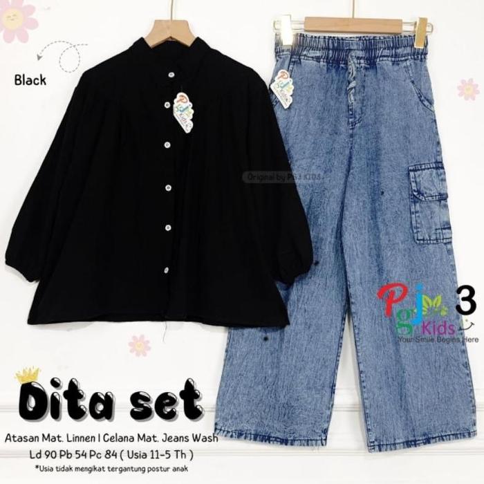Gambar Ready Dita set / Gisella set / setelan baju anak perempuan usia 11-15tahun / set baju anak perempuan atasan dan celana jeans - Dita black, All Size dari MARIMAR SHOPY undefined Tokopedia