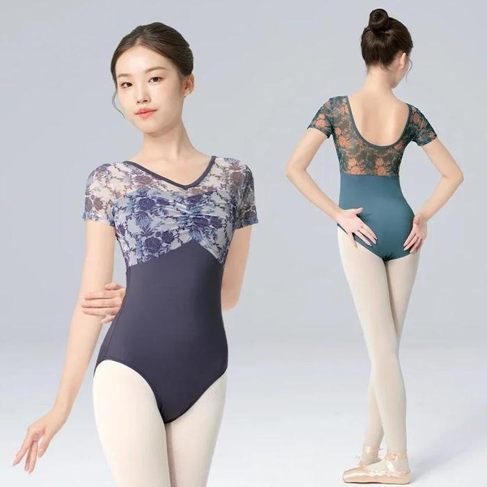 Women Ballet Leotards Floral Fake Two-pieces Dance Leotards V Neck Mesh  Splice Short Sleeve Gymnastic Leotard Ballet Swimwear