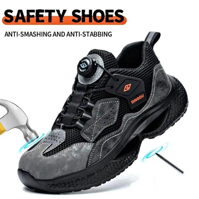 Gambar Sepatu Safety Sneaker Tali Putar Original DINGGU hitam abu proyek outdoor ringan anti slip anti paku - Abu-abu, 38 dari Kaysara Store undefined Tokopedia