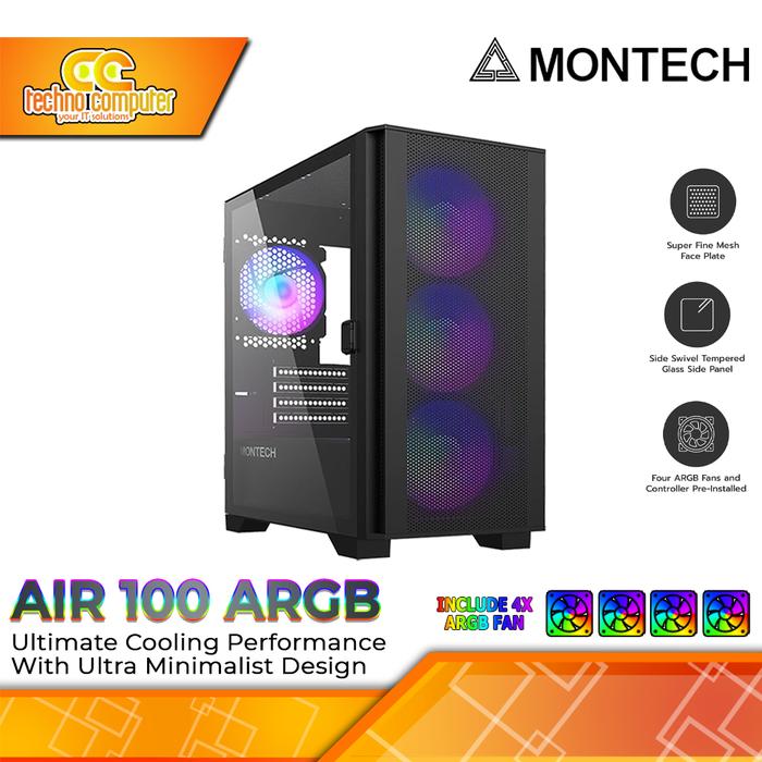 Gambar CASING MONTECH AIR 100 ARGB - Mid Tower mATX Case Tempered Glass (Free 4x ARGB Fan) - Hitam dari Techno Computer Bali undefined Tokopedia