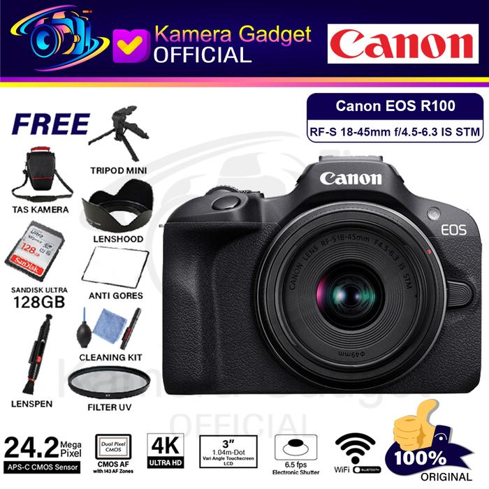 Gambar Canon EOS R100 Kit 18-45mm IS STM - Mirrorless Camera R 100 - KIT LENS DISTRI, PAKET 64GB dari Kamera Gadget Official undefined Tokopedia