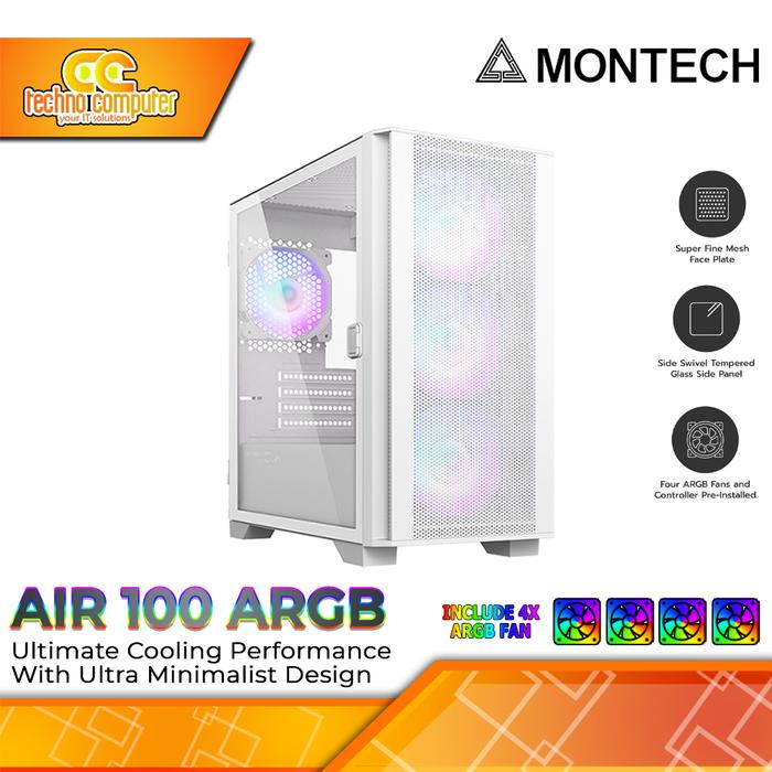 Gambar CASING MONTECH AIR 100 ARGB - Mid Tower mATX Case Tempered Glass (Free 4x ARGB Fan) - Putih dari Techno Computer Bali undefined Tokopedia