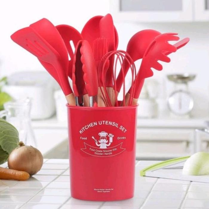 Gambar Spatula Set 12Pcs, Set Peralatan Masak Silikon Or-201 Paket Alat Dapur 11 In 1 + Wadah Satu Paket Lengkap Dengan Box/ Sutil Silikon Set Anti Panas - Merah, 12pcs dari pratama karya store undefined Tokopedia