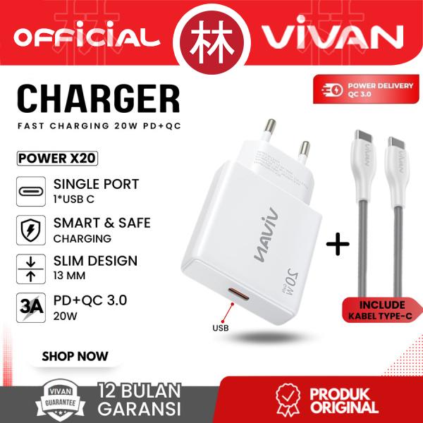 Gambar Vivan Power X20 Adapter Charger Port USB-C Ultra Thin Fast Charging PD 20W with C to C Cable - Vivan X20 dari Liem Group Kota Administrasi Jakarta Barat Tokopedia