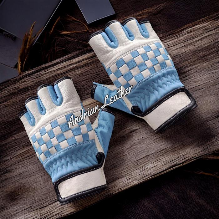 Gambar Sarung Tangan kulit Asli Retro Half Finger checkerboard corak catur - Putih +Blue Sky, M dari Andrian Leather undefined Tokopedia